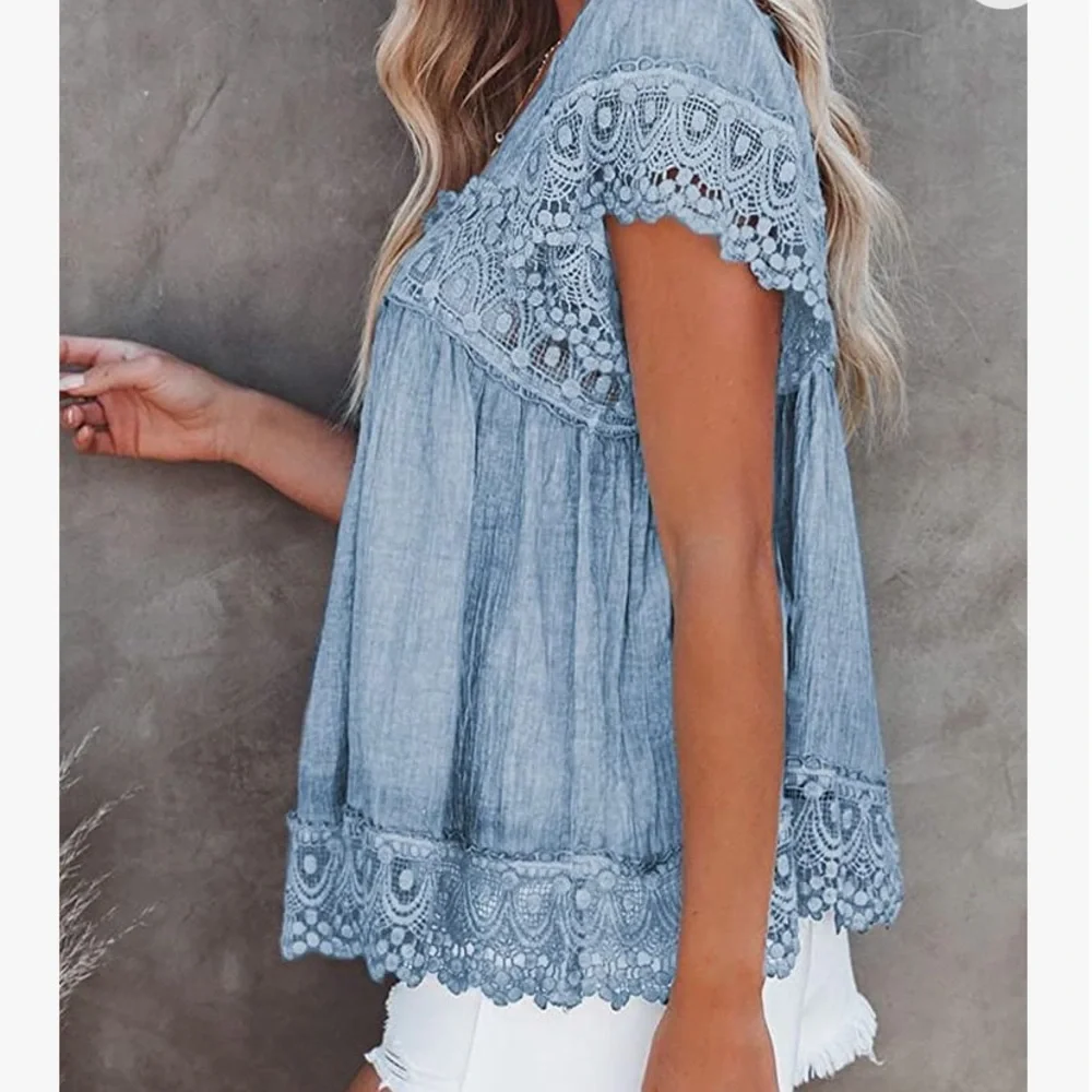 ✨WORN ONCE✨ Square Neck Lace Crochet Flowy Casual Boho Blouse - Picture 2 of 12